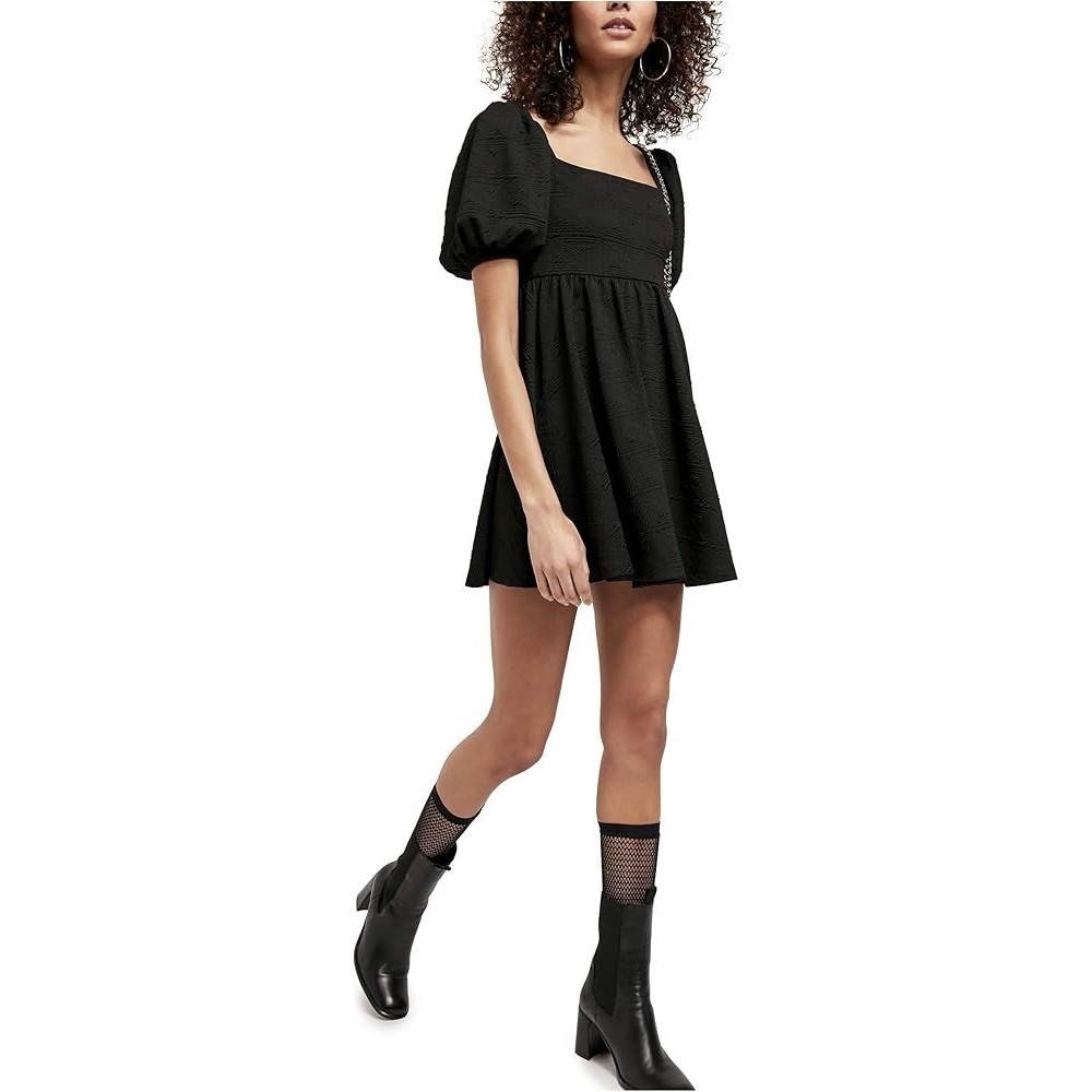 Free People Violet Mini Dress Black Puff Sleeve Tie Bow Size Small - Picture 2 of 6